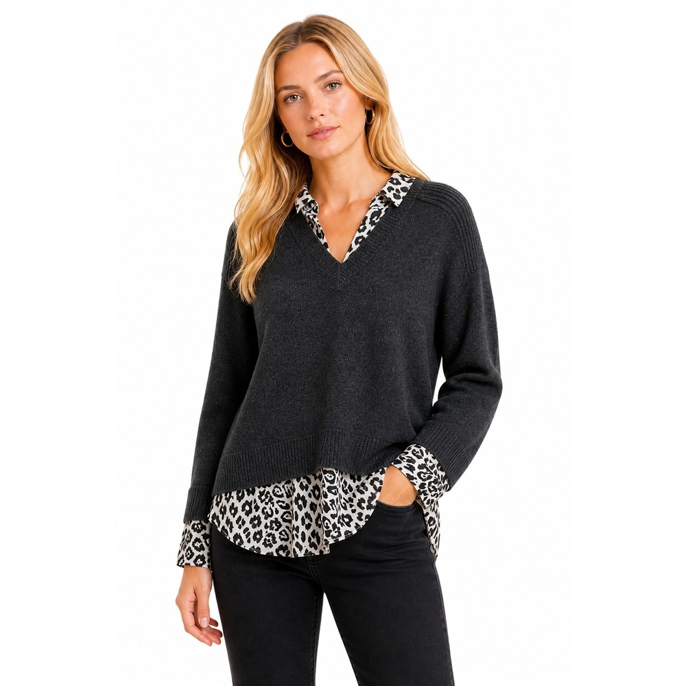 Brochu Walker Layered Look Sweater Charcoal‎ Grey Leopard Print Shirt Detail XS